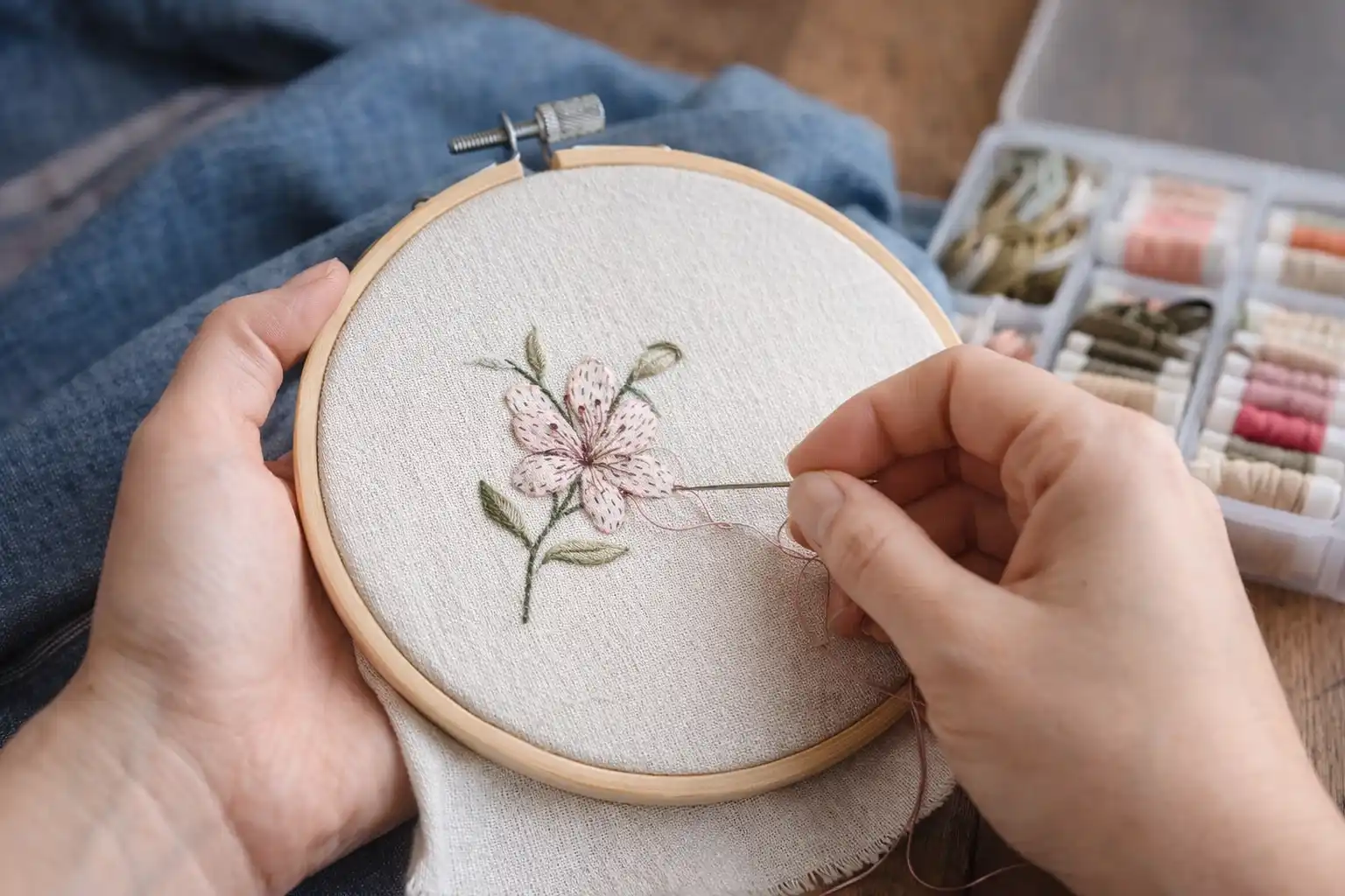 Bastidor para bordado a mano en uso con tela tensada y bordado floral