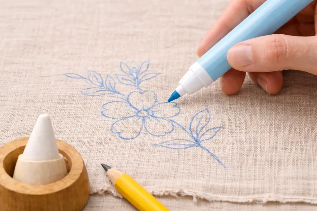 marcador para tela soluble en agua trazando diseño floral sobre lino