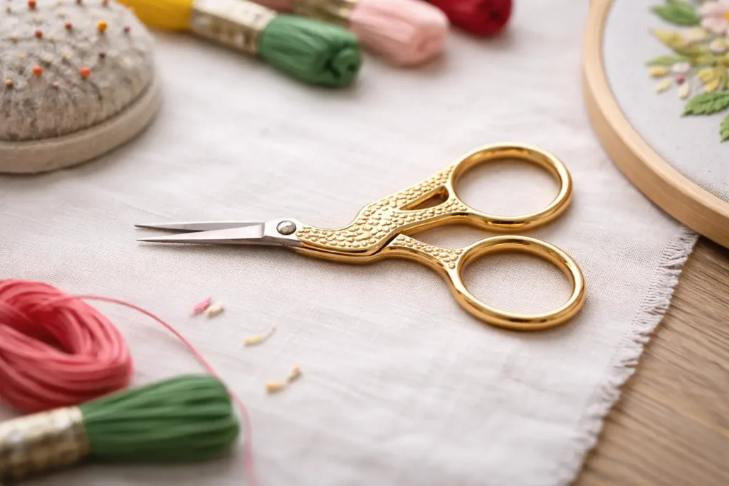 Tijera de bordado a mano tipo cigüeña dorada con punta fina y afilada sobre tela de bordado