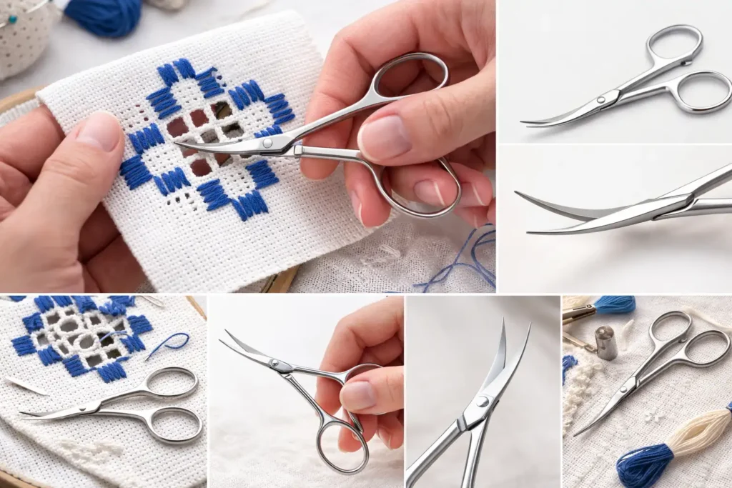 Tijera de bordado de calado Hardanger plateada con punta curva cortando tela bordada