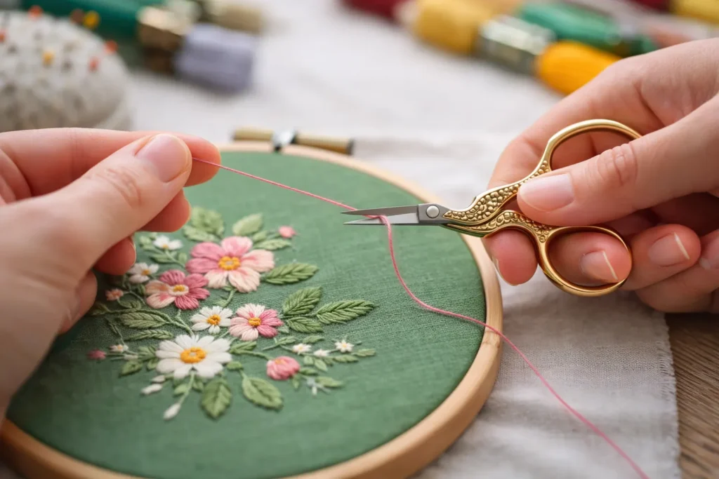 Tijera de bordado cortando hilo sobre tela tensada en bastidor de madera