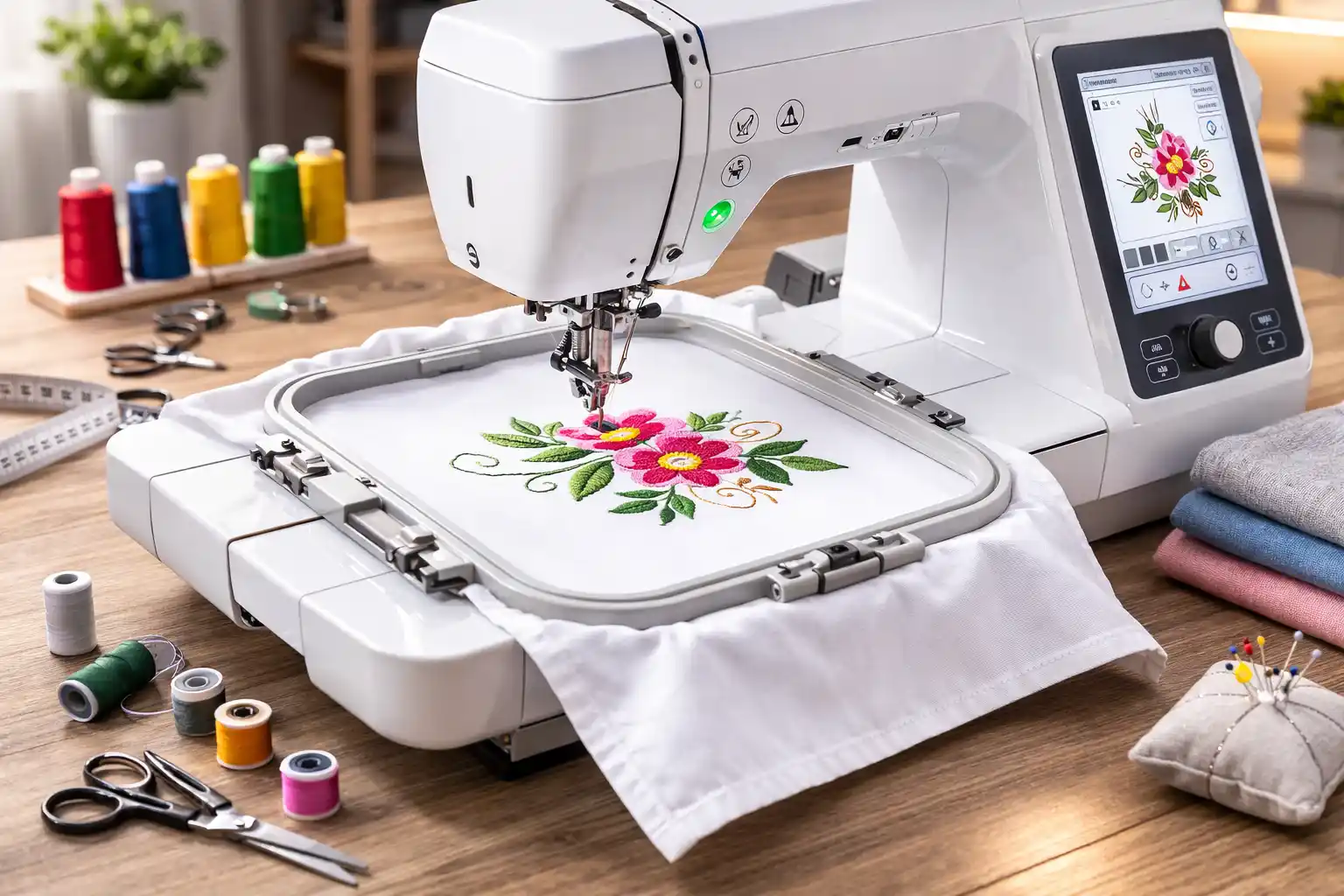 bastidor para máquina de bordar instalado con tela tensada en proceso de bordado