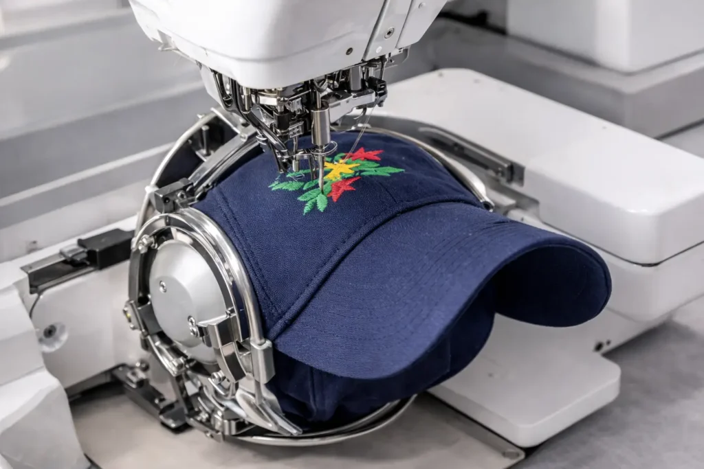 bastidor para máquina de bordar tipo gorra instalado con sistema curvo de sujeción