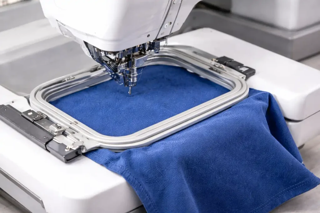 bastidor rectangular para máquina de bordar con tela azul correctamente tensada