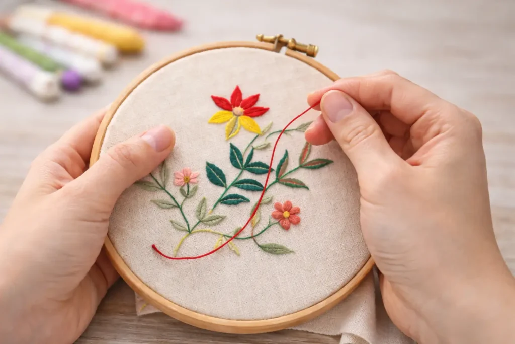 Bordado a mano artesanal sobre tela